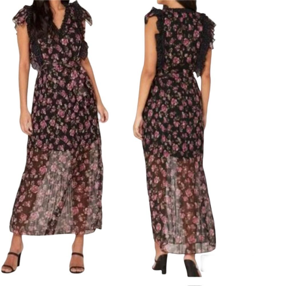 Foxiedox Anaise Floral‎ Ruffle Pleated Cap Sleeves Maxi Dress Black Medium